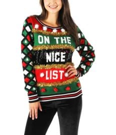 Naughty or Nice Reversible Sequin Ugly Christmas Sweater Women39s Christmas Outfits Tipsy Elves at Tipsy Elves